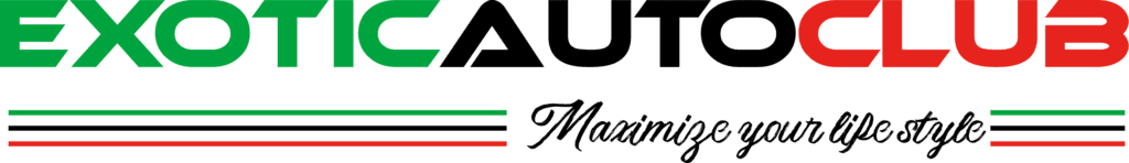 "Logo with the words 'EXOTIC' in green and 'CLUB' in red, separated by a black camera with the lens pointing downward. Two horizontal lines, one green and the other red, are beneath the text.